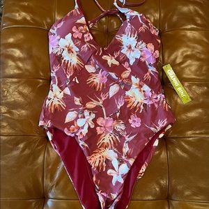 Floral One-Piece Low Back Swimsuit with Back Straps Size L